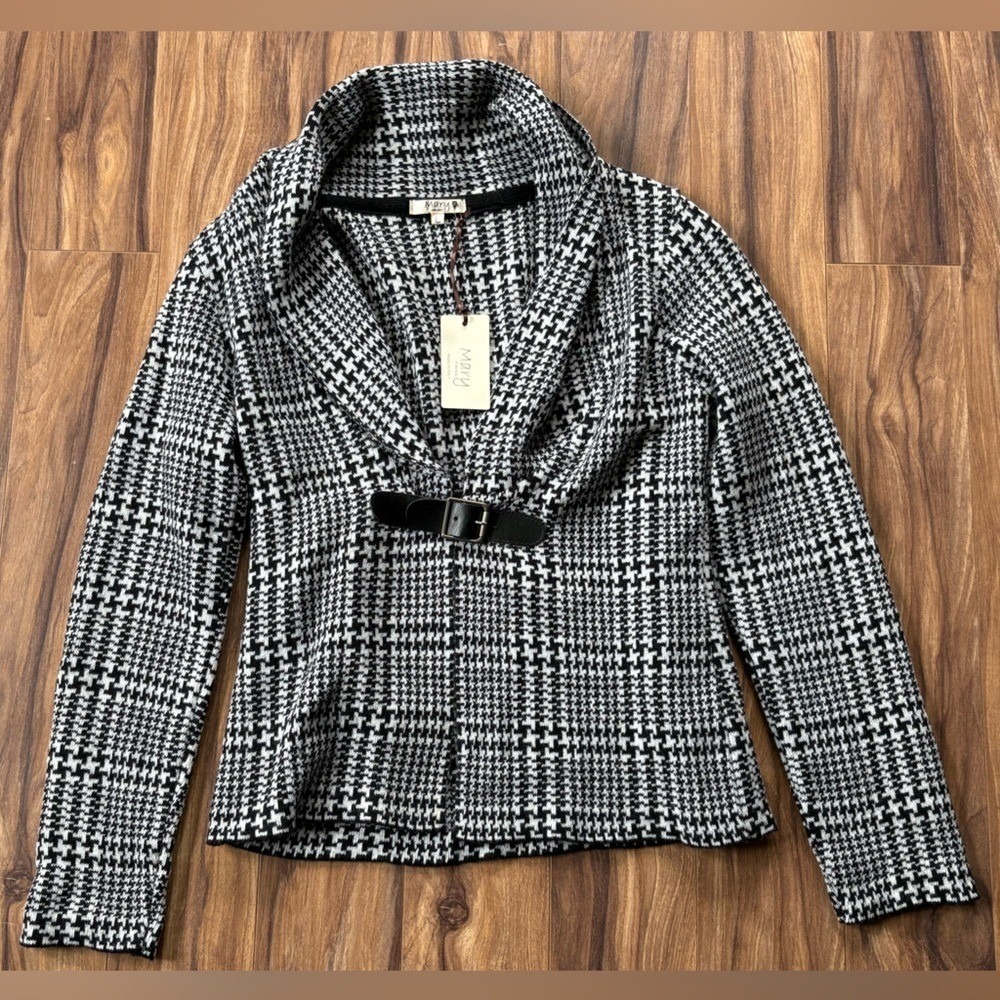 Womens Houndstooth Jacket Made In Italy‎ Wool Shawl Collar Buckle L